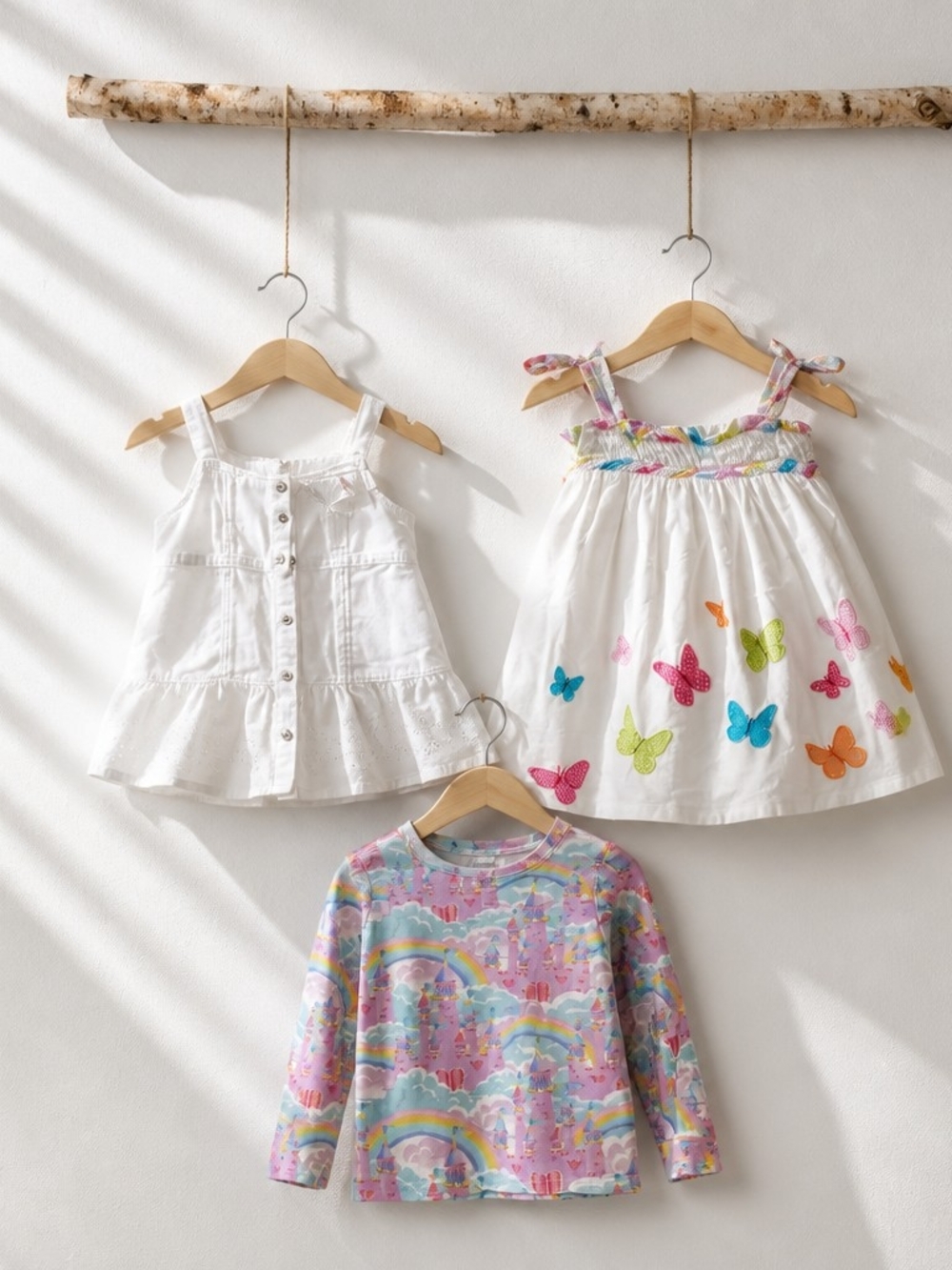Girls White Butterfly Sundress, White Button Tank & Rainbow Long Sleeve Top Set